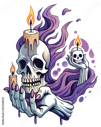 A skeletal hand, dripping wax, delicately holds a nearly melted, flickering candle; eerie, gothic aesthetic.