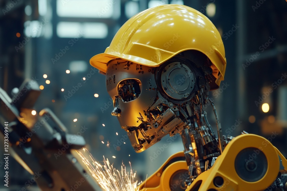 Fototapeta premium Humanoid robot wearing a bright yellow safety helmet, skillfully using a welding torch while working in a bustling factory environment