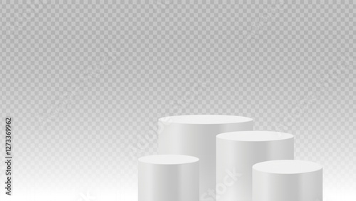 Four white cylindrical podiums in varied heights on a transparent background. Stage showcase platform vector.