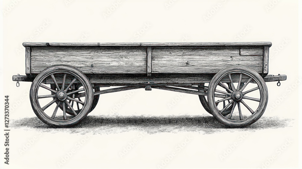 Fototapeta premium Vintage wooden wagon, rural setting, isolated, pencil sketch, historical illustration