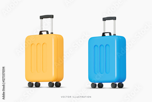 3D Yellow and blue suitcases for travel. Cabin luggage. Plastic bag for flight. Journey concept. Time to tourism and vacation. Booking your next trip. Cartoon design icon set. 3D Vector illustration