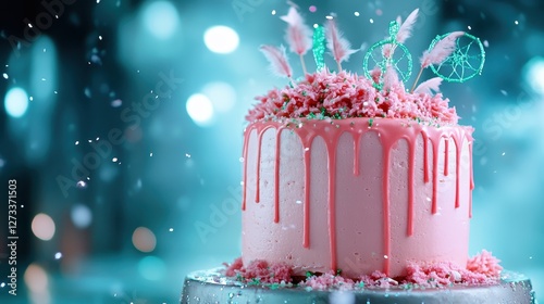 A stunning pink cake adorned with dreamcatchers, colorful toppings, and elegant drips, set against a dreamy bokeh background that enhances its festive appeal. photo