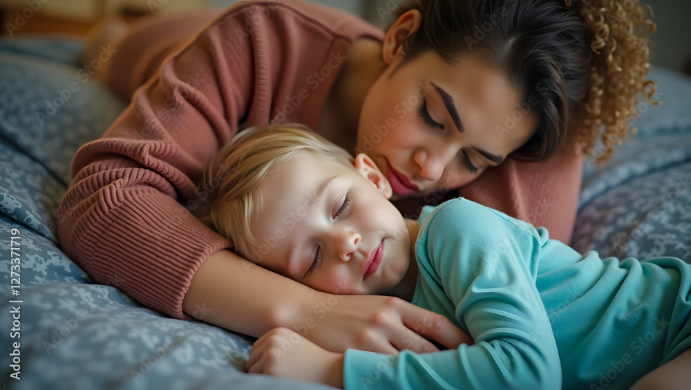 Mother hugging and comforting sick little daughter in bed Mother hugging and comforting sick little daughter in bed
