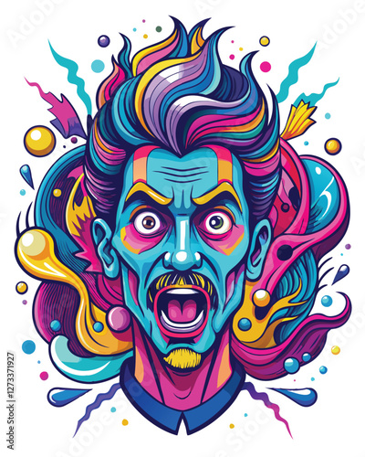 Generate a surreal, abstract cartoon face with exaggerated features; vibrant, playful colors; whimsical, distorted proportions.  Think melting clocks and unexpected textures.