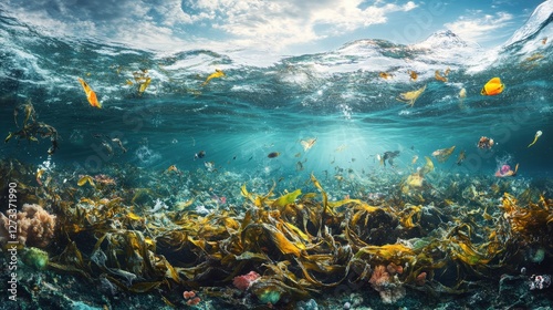 An underwater scene with decomposing seaweed drifting along the ocean floor, being consumed by marine organisms photo