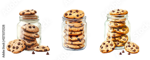 Watercolor set of jars with American cookies. American cookies with chocolate chips stacked in a glass jar. Concept of sweets, cookies, etc. Vector illustration.