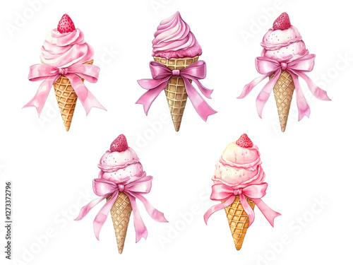 Watercolor set of strawberry ice cream in waffle cones. Strawberry ice cream in waffle cones decorated with strawberry berry and pink satin ribbon bow. Refreshing summer desserts. Vector illustration.