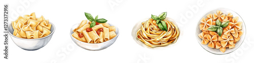 Watercolor set of pasta in plates. Italian smagetti, farfalle, rigatoni and penne. Italian variety of pasta garnished with a sprig of basil. Dinner concept. Vector illustration.