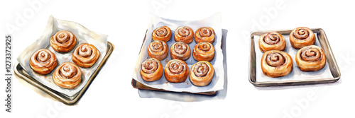 Watercolor set of cinnabons. French cinnabon buns on baking tray. Bakery and pastry concept. Baking and cooking elements. vector illustration.