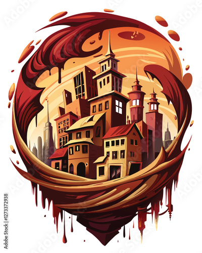 Render a surreal cityscape where buildings melt and twist into impossible shapes, creating a dreamlike, disorienting atmosphere.  Focus on the melting effect and unusual architecture.