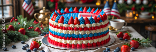 beautiful birthday cake in the colors of the American flag in a cafe
