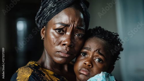 In a dimly lit room, a concerned mother holds her young child close, capturing a moment filled with emotion, love, and protective instincts in challenging times.