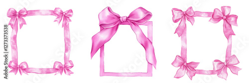 Watercolor set of frames from satin pink ribbons decorated with bows. Frames for greeting cards, wedding and birthday, picnic invitations in cute elegant coquette style. 