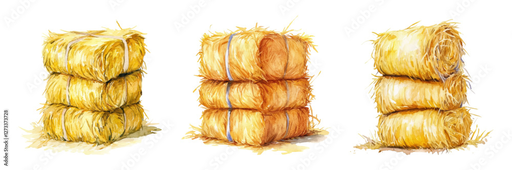 Fototapeta Watercolor set of hay bales on isolated background