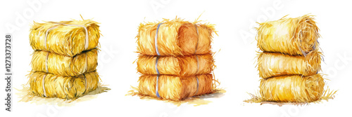 Watercolor set of hay bales on isolated background. Yellow haystacks stacked in bales of wheat straw for feeding or caring for farm animals. Farm and agriculture concept.