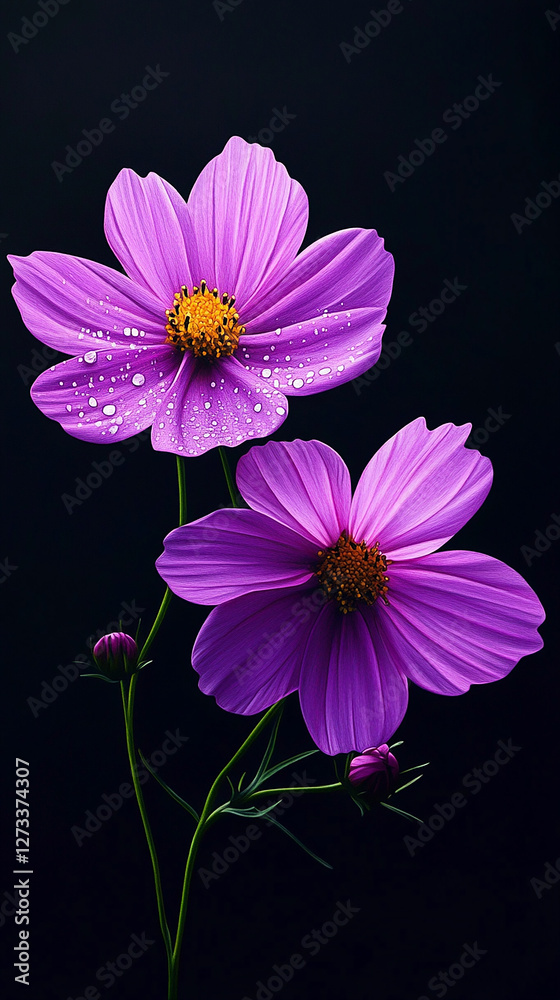 Fototapeta premium Purple simple flowers with dew drops on a black background.
