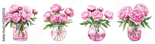 Watercolor set of pink peonies in vases png. Bouquet of pink peonies in a glass transparent vase with rose water. Watercolor bouquets in vases. Watercolor pink peonies. Vector illustration.
