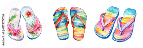 Watercolor set Summer flipflop png. Watercolor beach shoes. Summer slippers, flip-flops with floral, striped ornament etc. Collection of shoes for travel. Vector illustration.