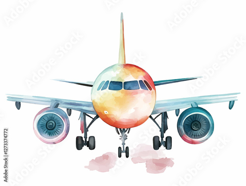 Watercolor airplane. Colorful watercolor illustration of an airplane taking off on an isolated background. Vector illustration.