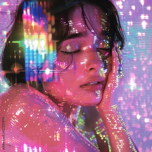 Modern digital girl in abstract trendy holographic background, rainbow pastel color background
