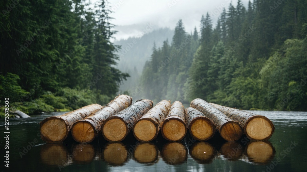 Log raft floating on river with forested mountain backdrop Log raft floating on river with forested mountain backdrop