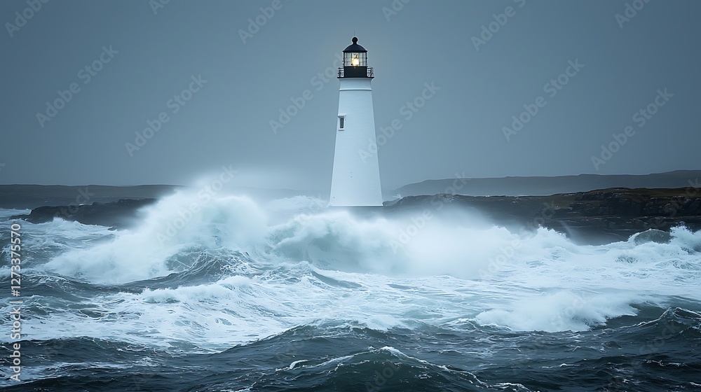 Lighthouse stands tall as powerful waves crash at the base, against an overcast sky Lighthouse stands tall as powerful waves crash at the base, against an overcast sky