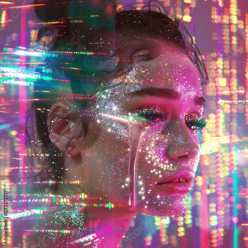 Modern digital girl in abstract trendy holographic background, rainbow pastel color background