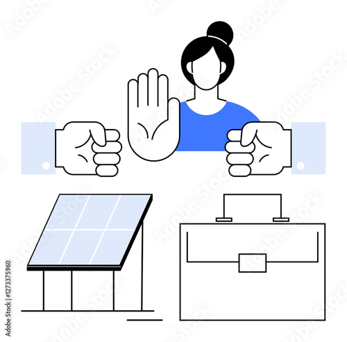 Female figure with raised hand for stop sign, thumbs down hands, solar panel, and briefcase. Ideal for sustainability, ethical decisions, workplace dynamics, career choices, renewable energy