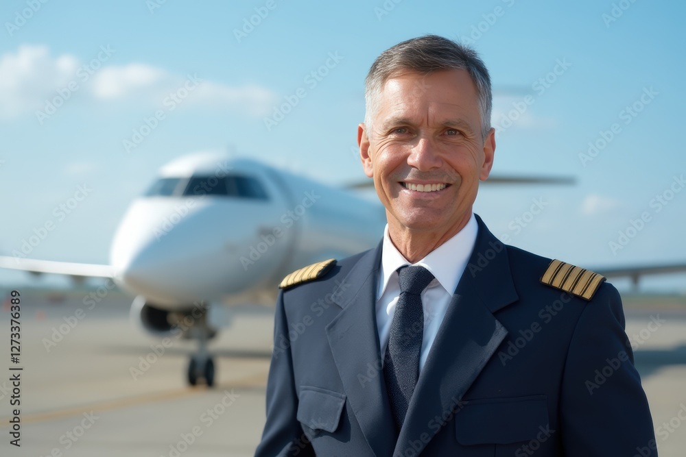 Head and shoulders portrait of a Costa Rican smiling 50 years old male airplane captain pilot in uniform. Head and shoulders portrait of a Costa Rican smiling 50 years old male airplane captain pilot in uniform.