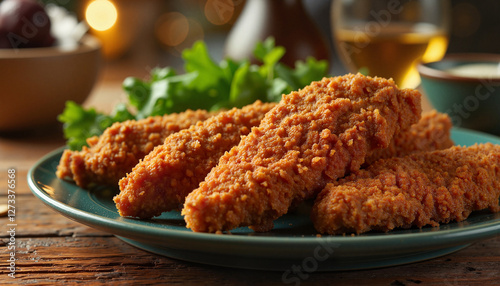 Almond crusted chicken tenders served on rustic table, healthy dining