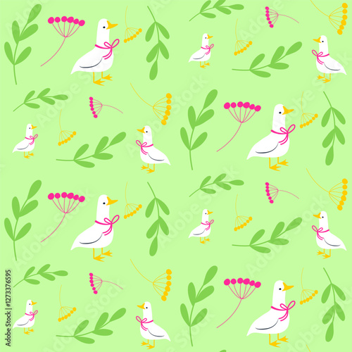 Seamless bright spring, summer or autumn floral vector pattern with white goose or duck bird. Background with small plants, flowers, berries, leaves. 
