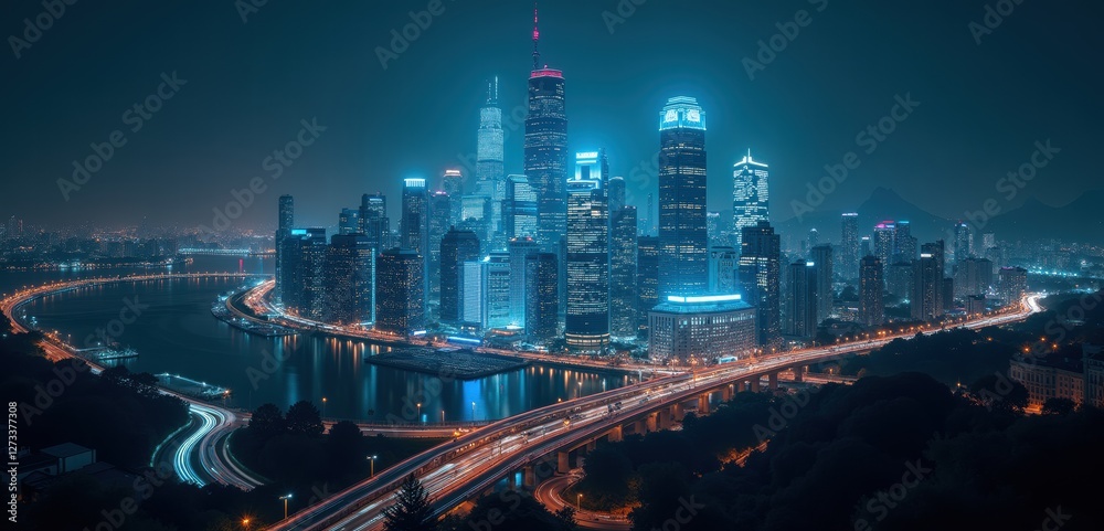 custom made wallpaper toronto digitalA breathtaking night view of a modern city skyline, illuminated in vibrant blue lights, showcasing urban architecture and dynamic city life.