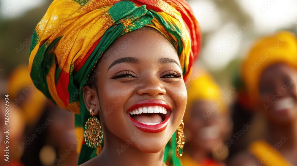 A captivating moment of joy captured, showcasing a beautiful woman with a radiant smile, adorned in colorful head wraps amidst a festive atmosphere with others. A captivating moment of joy captured, showcasing a beautiful woman with a radiant smile, adorned in colorful head wraps amidst a festive atmosphere with others.