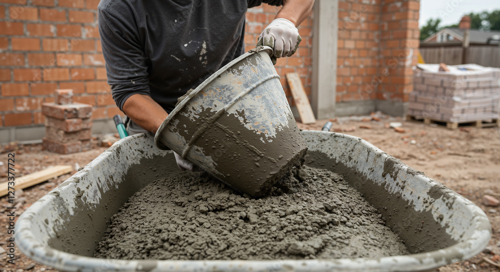 Construction worker pouring cement into wheelbarrow Construction worker pouring cement into wheelbarrow