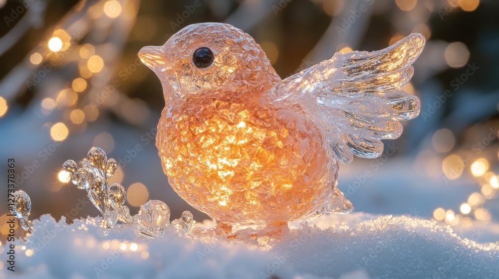 Obraz premium Illuminated bird ornament in snowy garden, Christmas lights