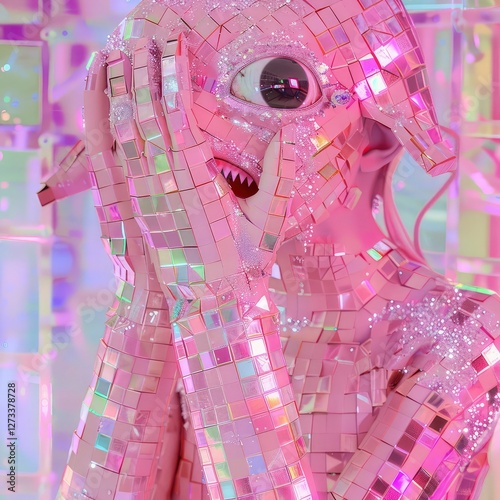 The digital monster in abstract trendy holographic background, pink pastel colors