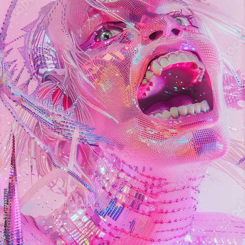 The digital monster in abstract trendy holographic background, pink pastel colors