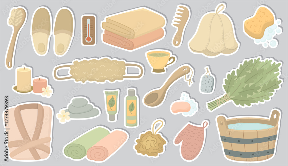 Set of stickers with bath accessories for sauna, wellness and spa. Wooden bucket, broom made of leaves, soap, washcloths, towels, cosmetics and other items Set of stickers with bath accessories for sauna, wellness and spa. Wooden bucket, broom made of leaves, soap, washcloths, towels, cosmetics and other items