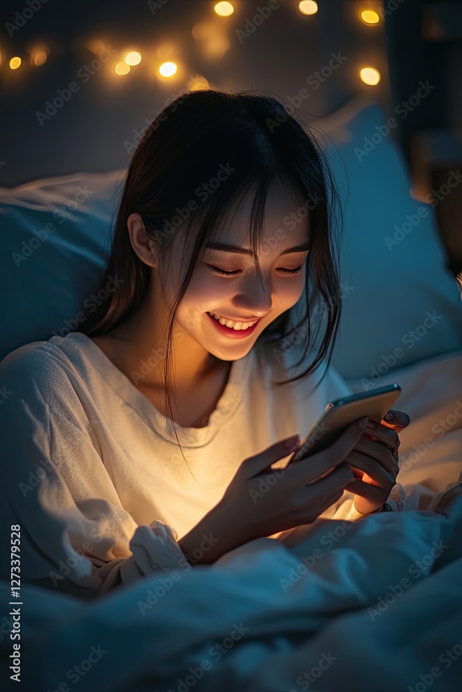 Young chinese woman using smartphone at night in bed. smiling while texting Young chinese woman using smartphone at night in bed. smiling while texting
