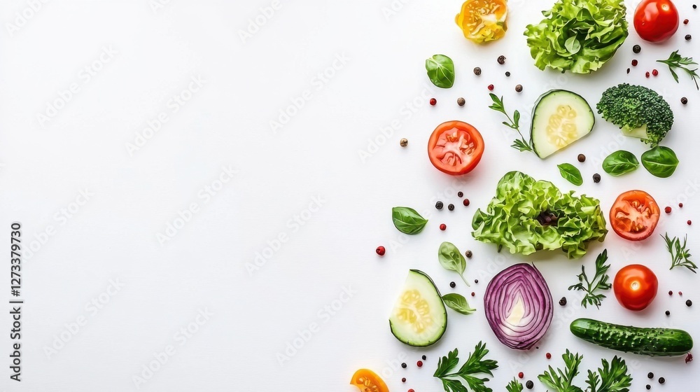 Banner from various vegetables and fruits isolated on white background, top view, creative flat layout. Concept of healthy eating, food background. Frame of vegetables with space for text. Banner from various vegetables and fruits isolated on white background, top view, creative flat layout. Concept of healthy eating, food background. Frame of vegetables with space for text.