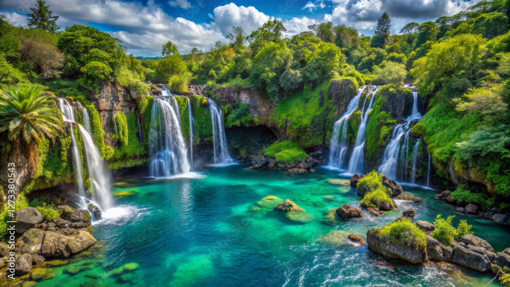 Lush emerald forests and sparkling waterfalls cascade down rugged volcanic rocks Lush emerald forests and sparkling waterfalls cascade down rugged volcanic rocks