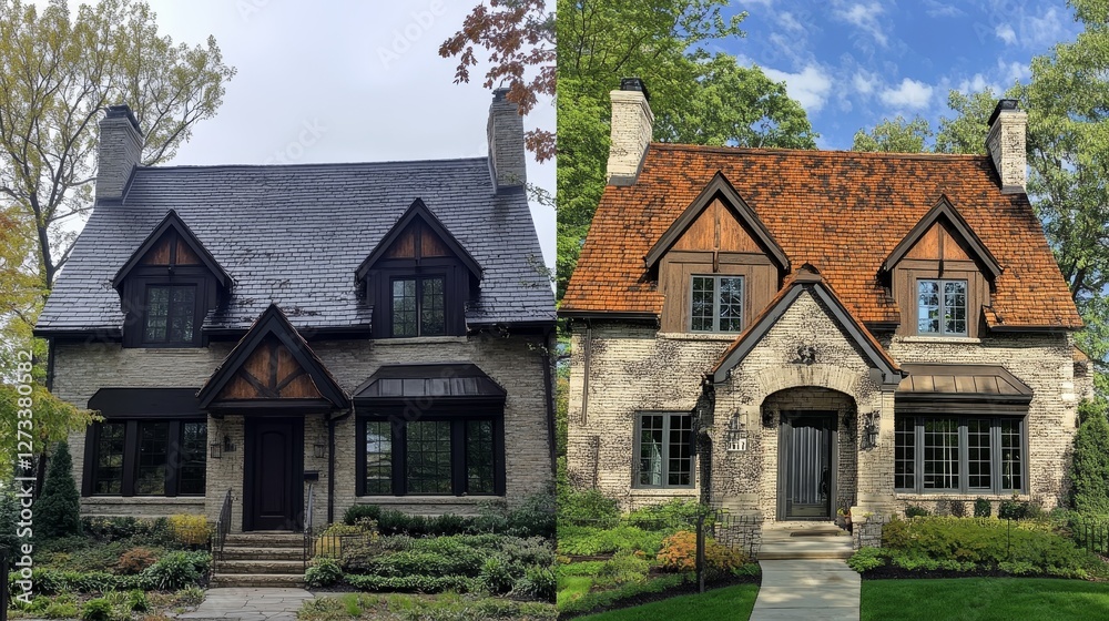 House renovation before and after comparison view. House renovation before and after comparison view.
