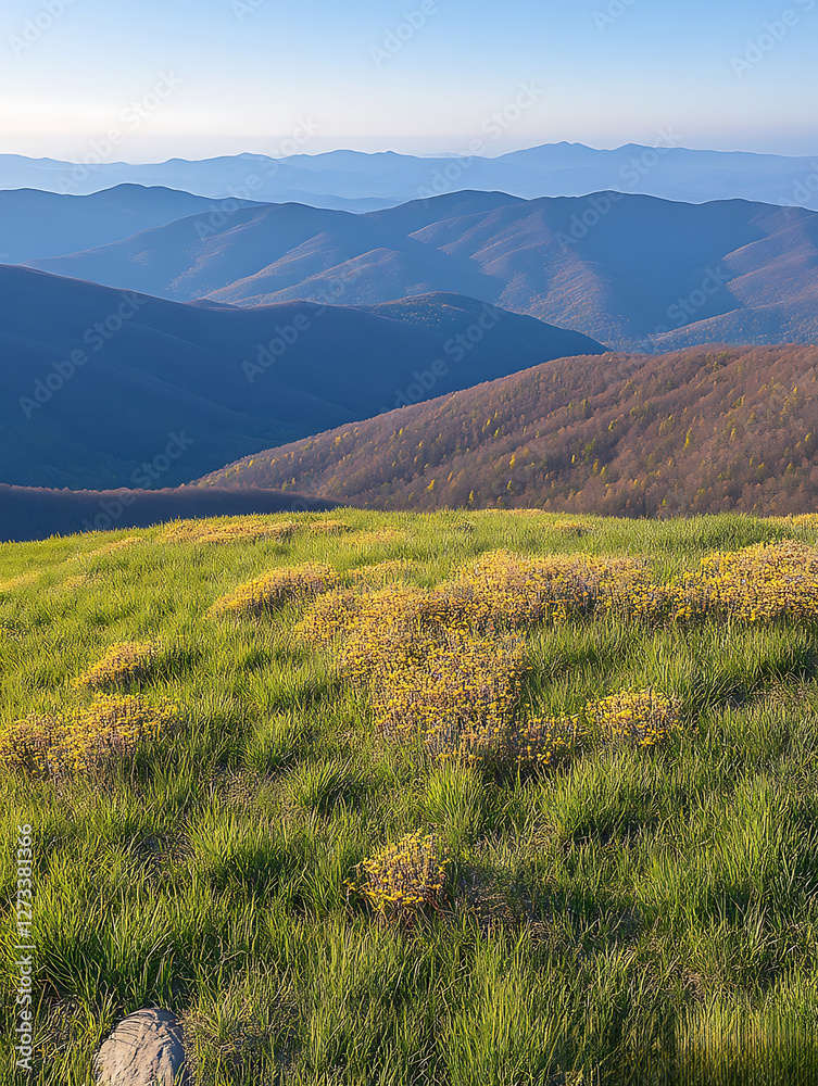 Fototapeta premium Rolling blue mountains recede beyond a grassy hilltop dotted with yellow wildflowers under a clear sky.