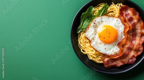 A savory breakfast bowl presenting an egg on top of noodles with bacon strips, creating a delicious and visually appealing meal, ideal for food enthusiasts and avid cooks.