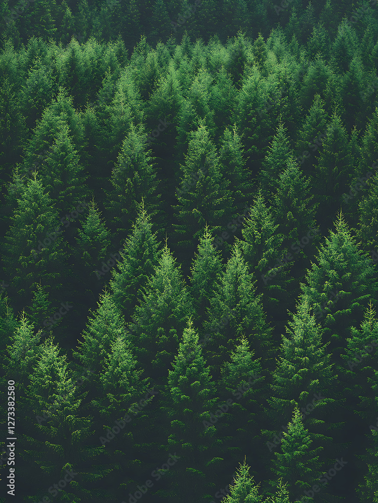 Dense rows of vibrant green fir trees create a textured natural pattern stretching into the distance within the forest. Dense rows of vibrant green fir trees create a textured natural pattern stretching into the distance within the forest.