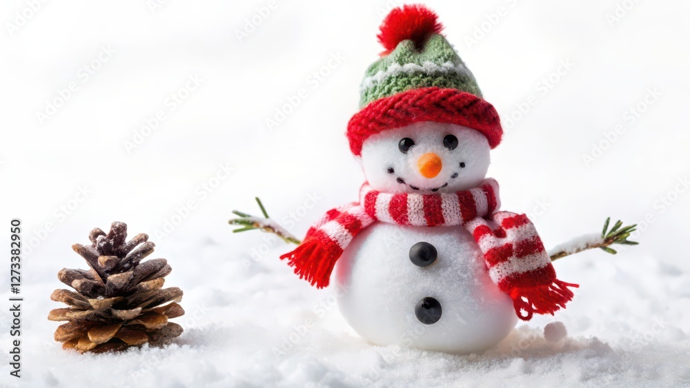 Snowman with Knitted Hat and Scarf on White Background Snowman with Knitted Hat and Scarf on White Background