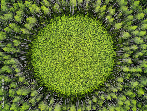 Aerial view of a circular patch of dense green trees surrounded by a ring of taller sparser forest.