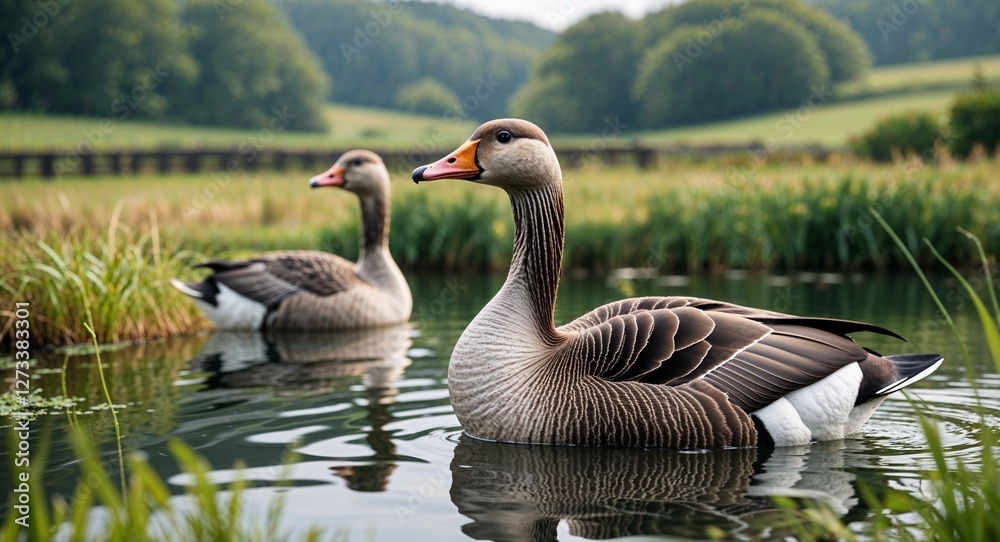 Goose in countryside pond background side view portrait Goose in countryside pond background side view portrait