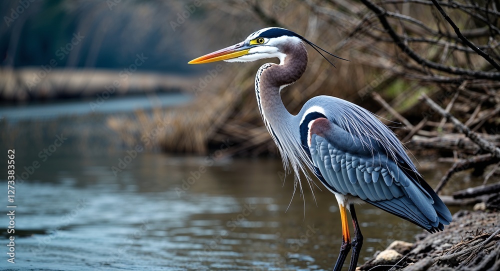 Fototapeta premium Heron by riverbank background side view portrait