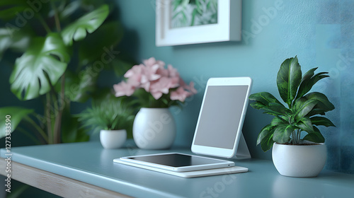 Modern digital device mock-up showcasing a tablet with customizable screens, perfect for app or website presentations. Clean and sleek design.